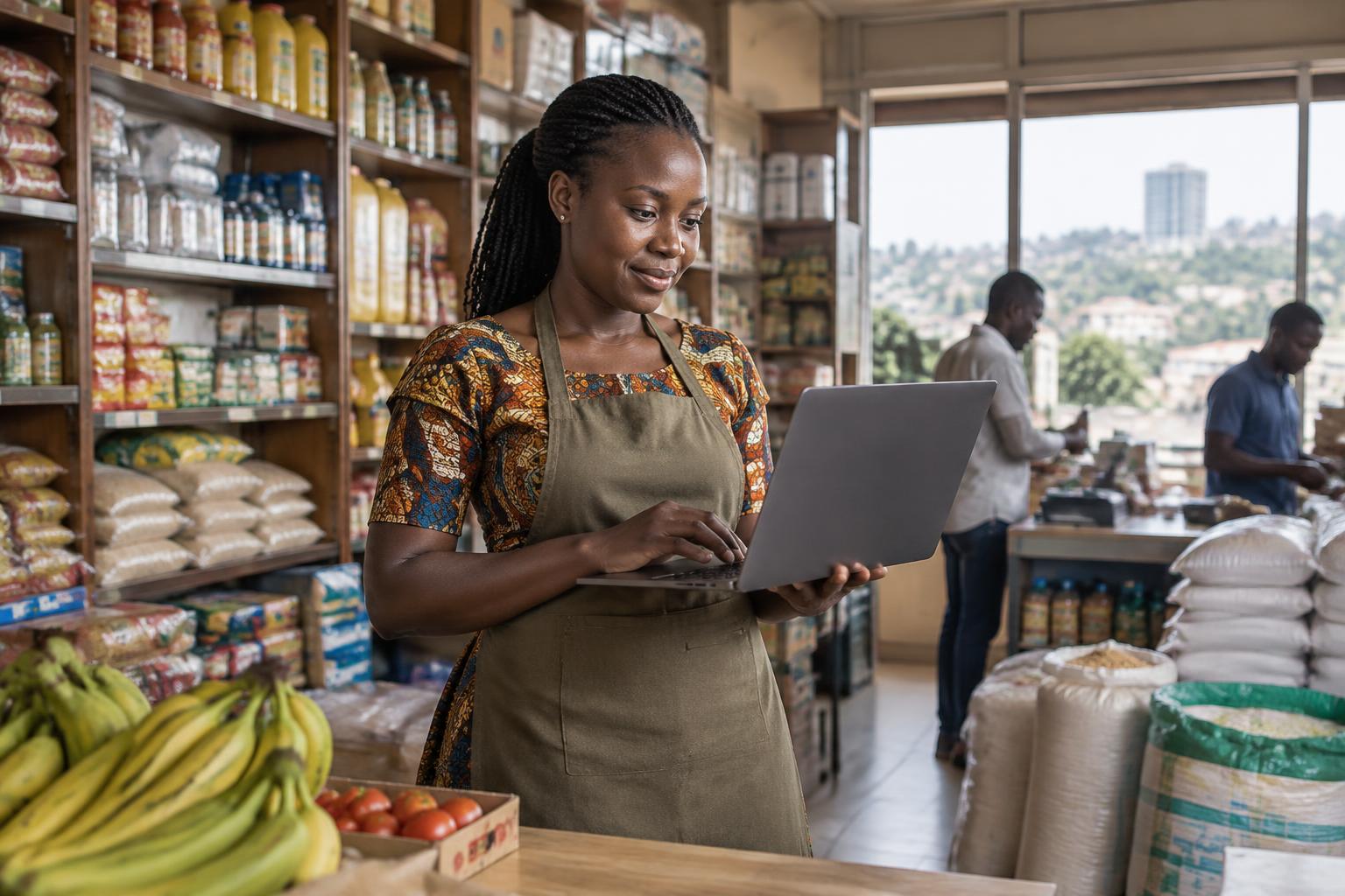 A business owner using a laptop in her shop