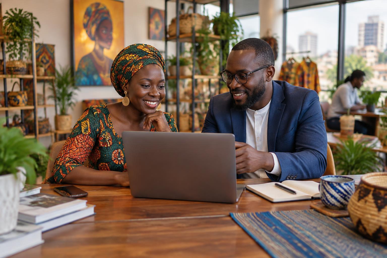 A business owner and digital consultant reviewing work together