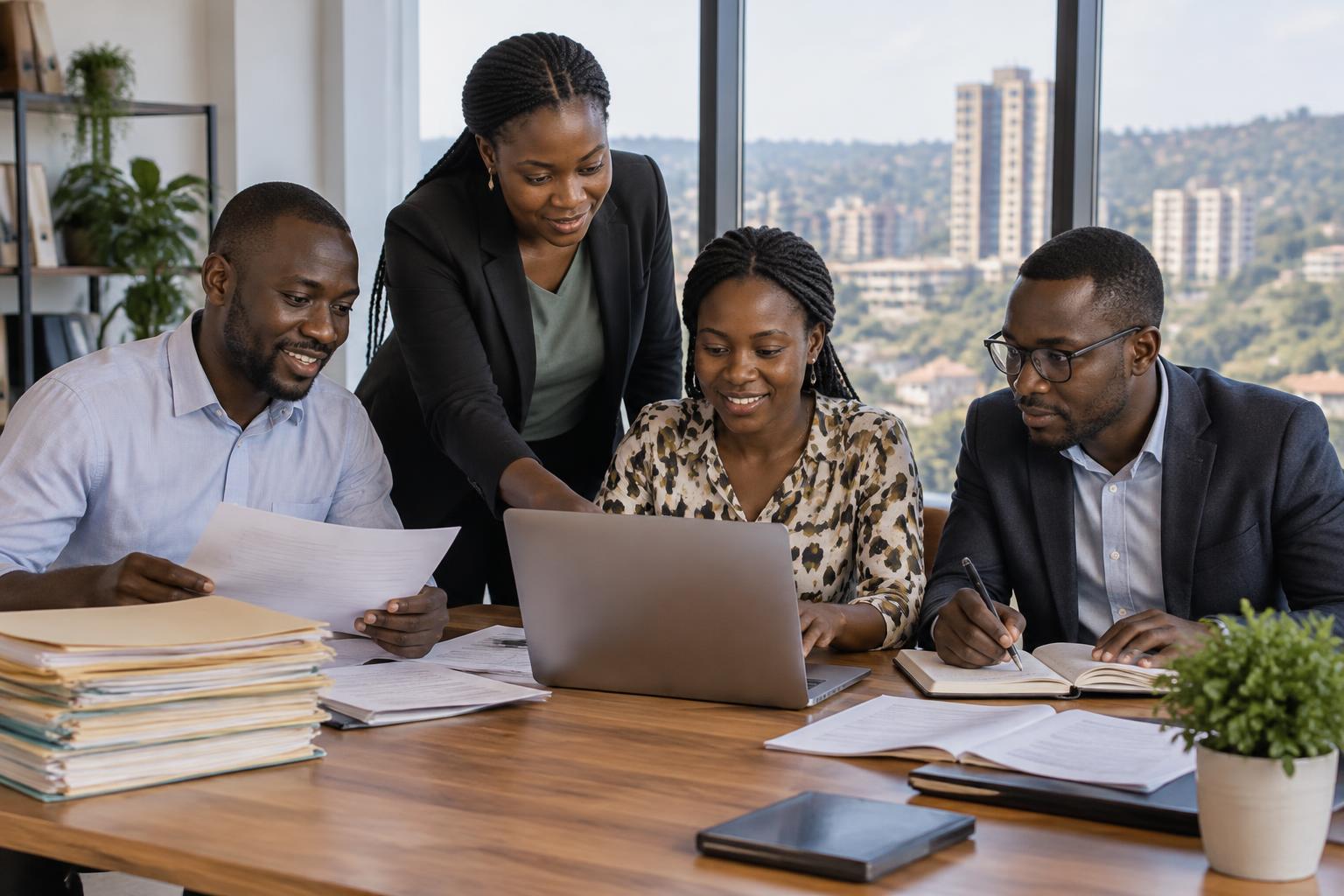 A business team organizing records around a laptop