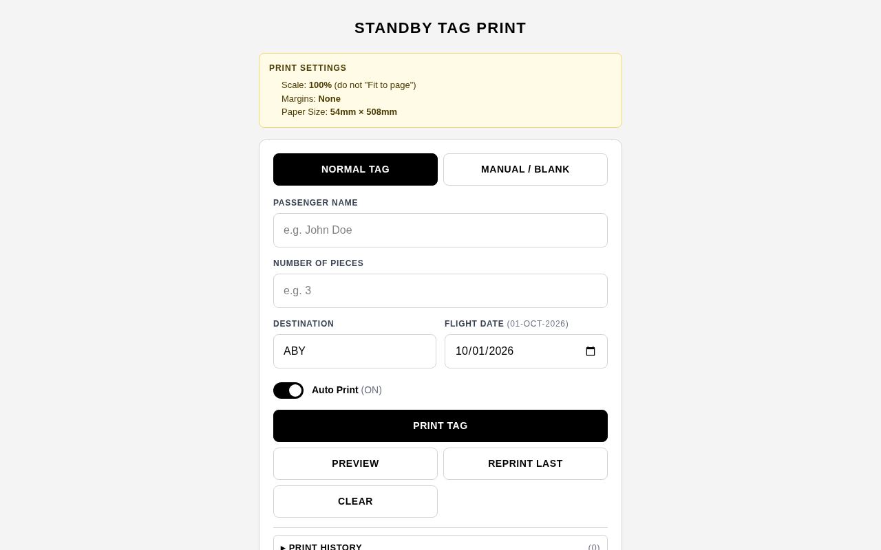 Standby Tag Printer live app preview
