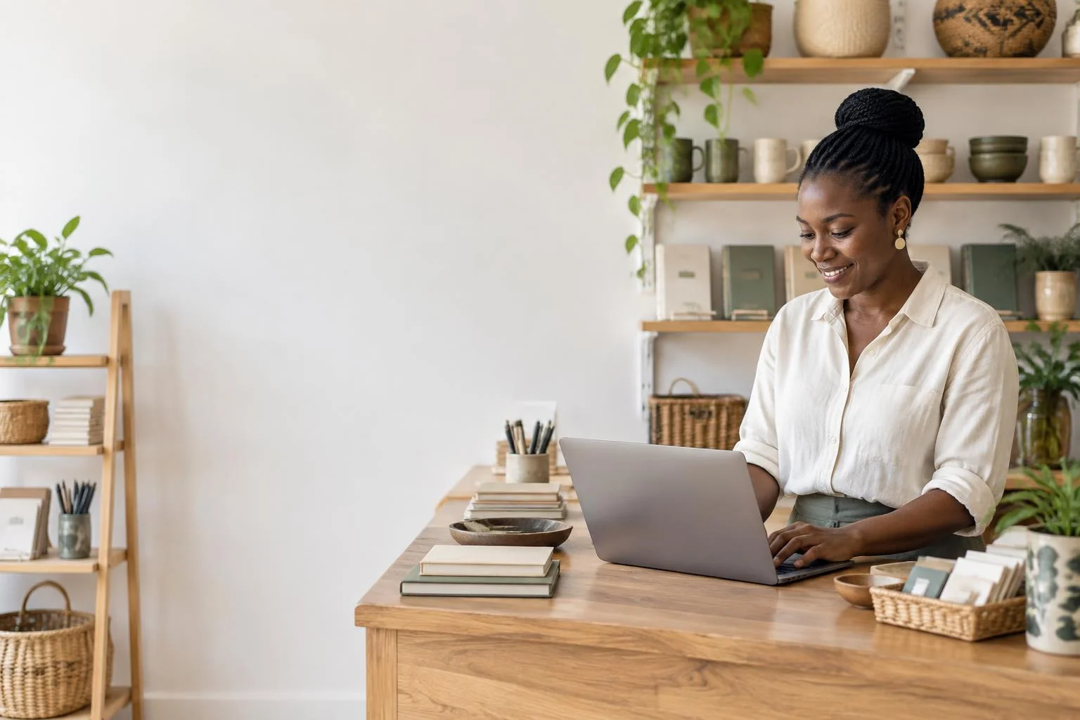 African shop owner using a laptop at her homewares counter